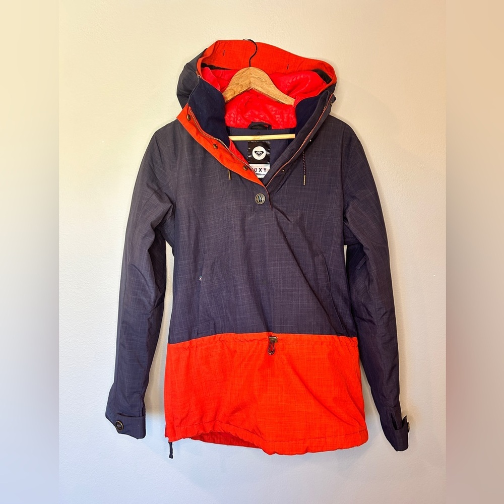 ROXY Jacket Women's Medium Red Blue 3/4 Zip Snap Button Long Sleeve Activewear